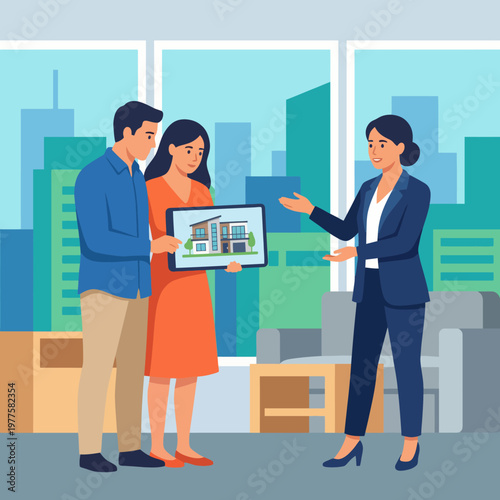 A real estate agent presents a property display on a tablet to potential buyers in a contemporary office environment, showcasing modern design and urban lifestyle.