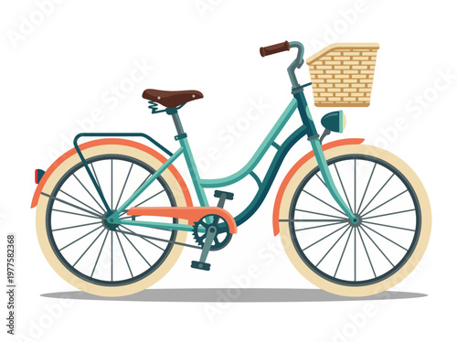 A charming vintage bicycle with a basket symbolizes leisurely rides and a relaxed lifestyle, adorned with soft pastel hues to evoke nostalgia and simple pleasures.