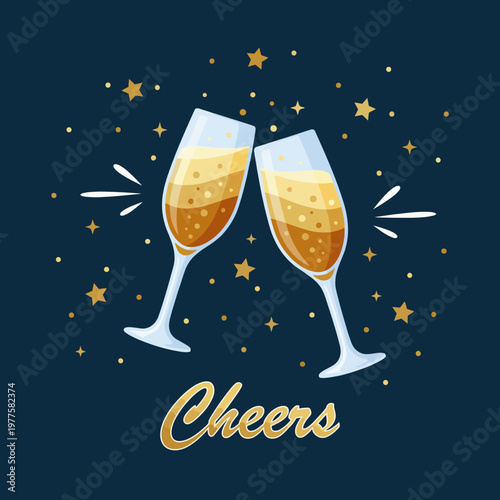 Two elegant champagne flutes clink together in a celebratory toast, representing joy, happiness, and the spirit of special occasions with a vibrant starry background.