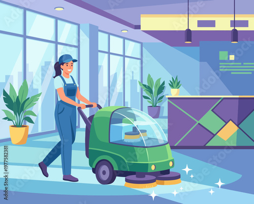 A cheerful cleaning professional operates a modern floor scrubber in a bright, airy office space, showcasing cleanliness and the importance of a tidy work environment.