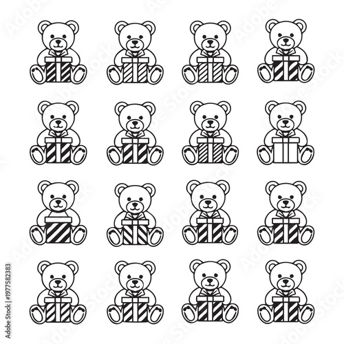 Teddy Bears Holding Gift BoxesMinimalist Line Art CollectionIsolated White Background