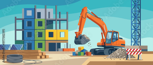 This image showcases an excavator working at a construction site, featuring appropriate construction materials and equipment, encapsulating an active building scene.