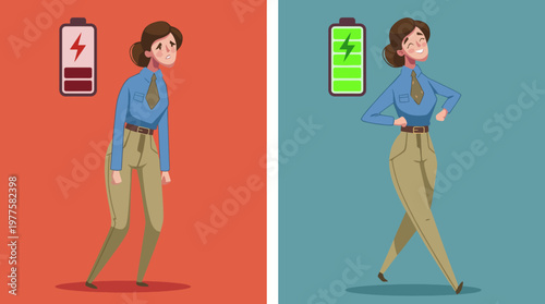 The illustration contrasts a woman's energy levels through facial expressions and postures, highlighting tiredness on one side and enthusiasm on the other, represented visually.