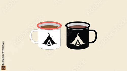 Two camping mugs with tent designs on beige background