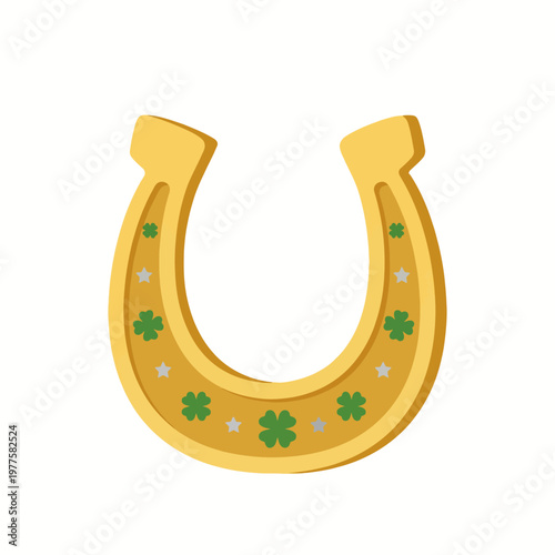 A charming illustration of a golden horseshoe decorated with shamrocks, symbolizing good luck and fortune, perfect for St. Patrick's Day or themes of prosperity and positivity.