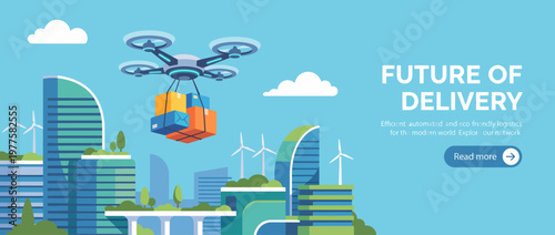 An artistic depiction of a drone delivering packages over a modern city, illustrating the advancements in logistics and futuristic technology in urban environments.