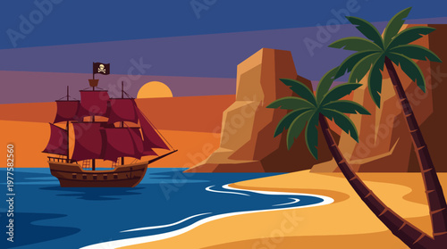 A vibrant scene of a pirate ship sailing near a tropical beach, featuring palm trees and a setting sun, embodying adventure and escapism in a serene landscape.