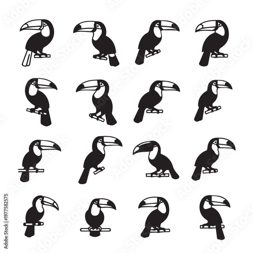 Toucan Bird Silhouettes Collection: Various Poses and Perches Minimalist Vector Art