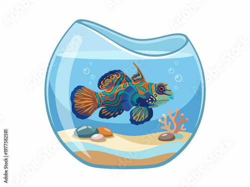 A vibrant, artistic fish swims gracefully in a clear, charming aquarium filled with pebbles, coral, and bubbles, creating an enchanting aquatic atmosphere.