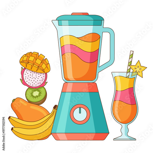A stylish blender surrounded by fresh, tropical fruits like mango, banana, and kiwi, ideal for creating delicious, healthy smoothies in a colorful kitchen setting.