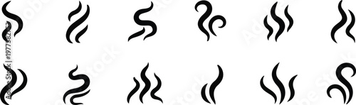 black flat vector steam smoke swirl wave icon set for heat aroma cooking hot beverage spa fire weather and ui graphic design