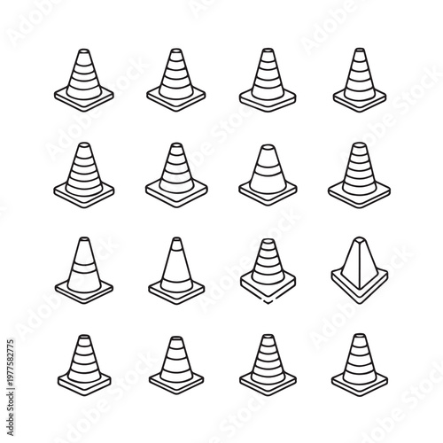 Traffic cones in isometric perspective on a white background with clean lines