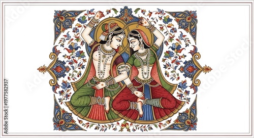 Kamasutra cultural concept with traditional Indian miniature painting style, symbolic romantic poses shown artistically, ornate patterns and rich colors, high-detail illustration, 
