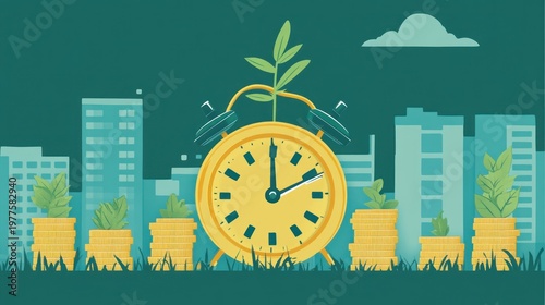 Growing money, time is money concept.  Alarm clock with plant sprout, coins, cityscape background.
