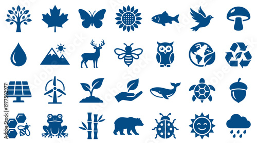 Collection of nature and environment icons representing biodiversity, ecology, conservation, sustainability, and natural elements