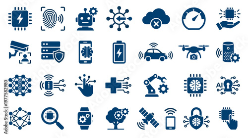 Collection of modern technology icons representing artificial intelligence machine learning cloud computing security and innovation