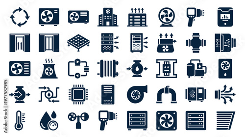 HVAC system icons and symbols for climate control and building management technology representing air conditioning heating ventilation and cooling equipment