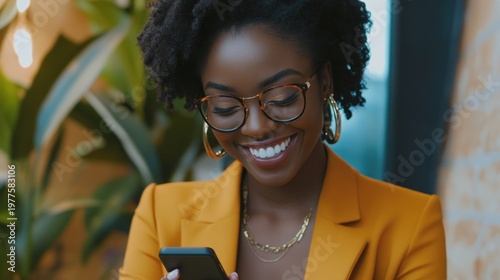 Happy Black woman in yellow blazer smiles while looking at her phone.