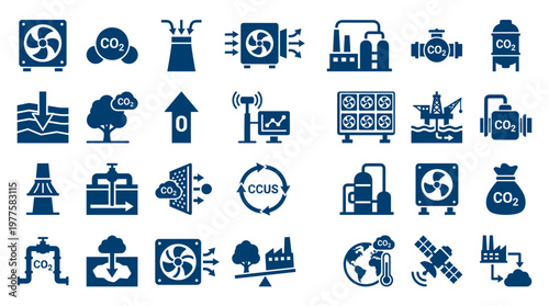 Carbon Capture Utilization and Storage CCUS technology icons and symbols for climate change solutions and environmental protection industry concepts