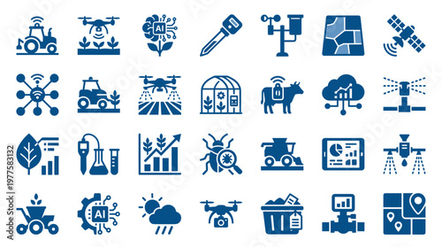 Smart farming technology icons including tractor drone AI plant sensors weather station and irrigation systems for modern agriculture innovation