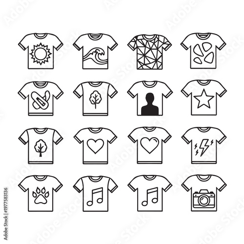 T-shirt Icons with Diverse Graphic Designs in a Clean Grid Layout