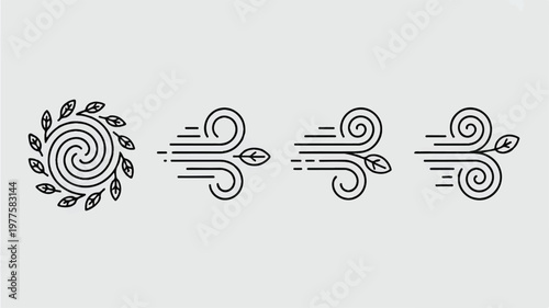 wind weather icons with leaves and swirls in line art style for design use