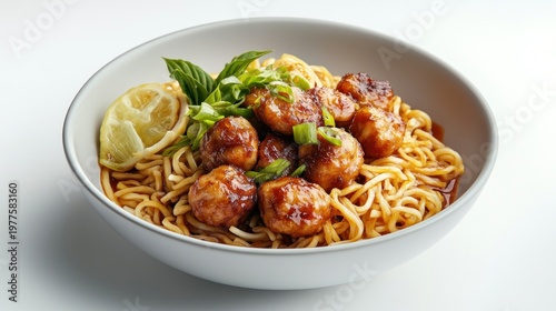 Delicious meatballs in savory sauce served over noodles, garnished with lemon and basil.