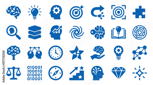 Collection of blue icons representing concepts of business strategy innovation problem solving and technology development on white background