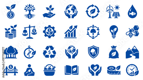 Collection of blue eco friendly business and finance icons representing growth sustainability and environmental protection