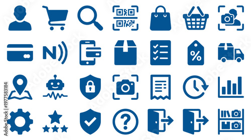 E commerce icons set for online shopping and digital business services including payment, delivery, search, and customer support concepts