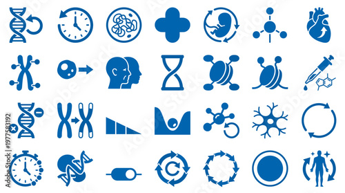 Biotechnology science icons set representing dna research cell biology medical innovation and human health advancements