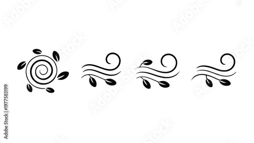wind swirls with leaves blowing in different directions on white background