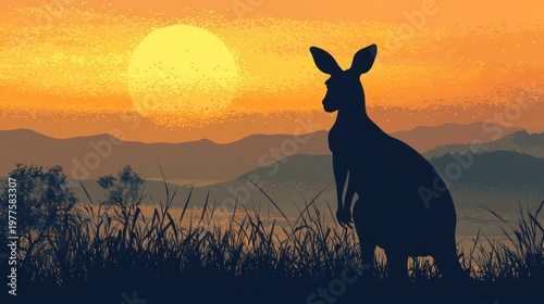 Silhouette of kangaroo at sunset in Australian outback.