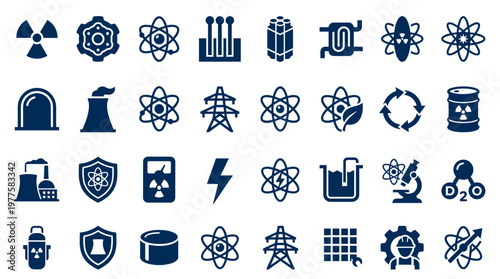 Collection of science and industry icons representing energy production nuclear power technology and research symbols