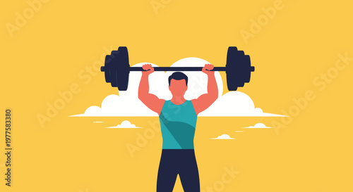Strong man lifting weights in a vibrant, stylized gym setting