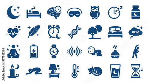 Collection of sleep and rest icons representing healthy lifestyle, relaxation, and sleep cycles with medical and wellness symbols