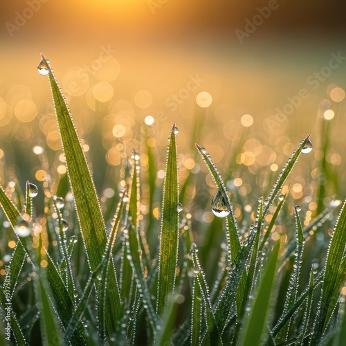 Extremely close-up view of fresh water droplets clinging to slender green blades of grass, glistening beautifully in morning light, blade, bright, plant