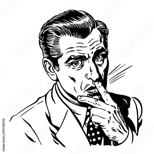 口元に指を当てて考え込むスーツ姿の男性のレトロなモノクロイラスト素材