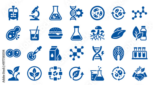 Biotechnology Icons Set: Science Research, Food Technology, Genetic Engineering, Microbiology, and Agriculture Concepts