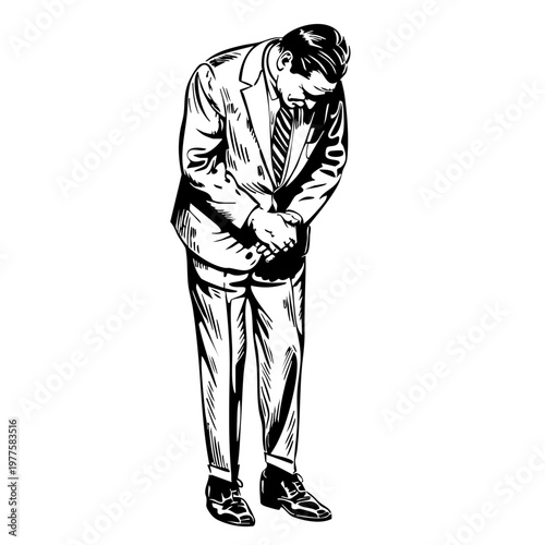 お辞儀をするスーツ姿の男性のモノクロイラスト素材