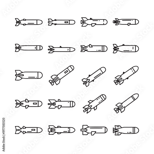 Various Aerial Bombs and Munitions Icons Line Art Style Isolated on White Background for Design