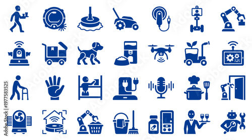 Collection of futuristic robotic and smart home technology icons representing automation and artificial intelligence in daily life