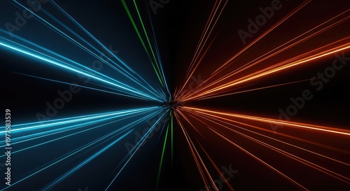 Futuristic dark abstract background displaying a tunnel effect with vibrant light streaks symbolizing rapid forward acceleration and progress, wallpaper, momentum, business