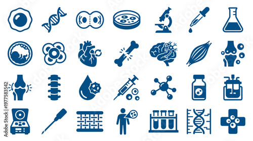 Collection of science and medical icons representing biology genetics healthcare research and biotechnology innovations