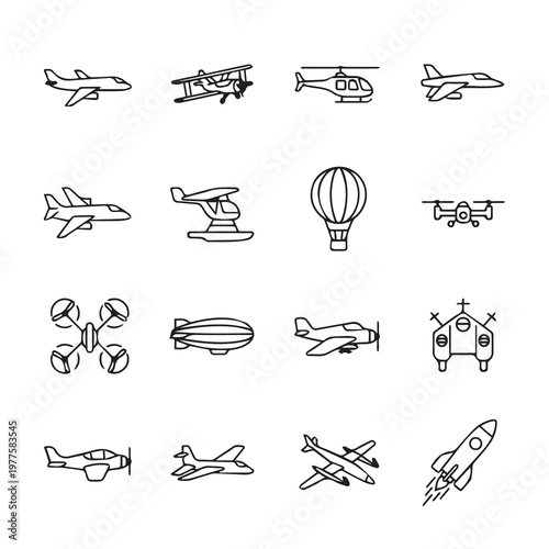 Various Aircraft and Flying Objects Icons Set Minimalist Outline Style