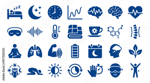 Collection of icons representing sleep health wellness and healthy lifestyle choices including sleep cycles brain activity relaxation and physical fitness