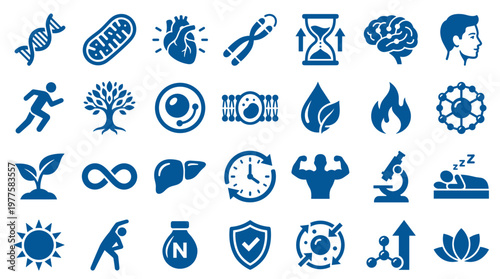 Collection of blue icons representing health wellness fitness science medicine and biology concepts on white background
