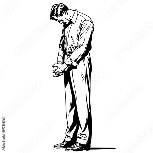 うつむいて立つスーツ姿の男性のレトロなモノクロイラスト素材