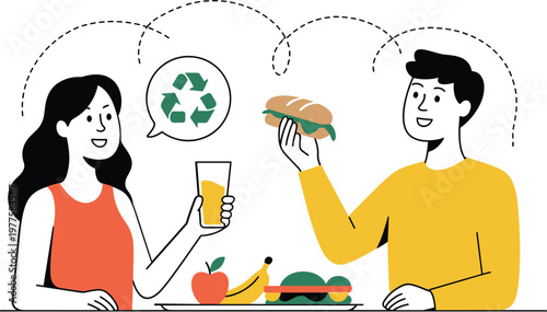 Happy couple having healthy lunch together with recycling symbol for sustainable and eco-friendly lifestyle concept