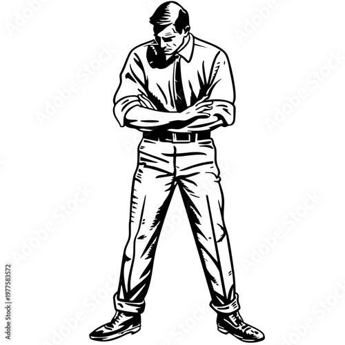 うつむいて立つスーツ姿の男性のレトロなモノクロイラスト素材